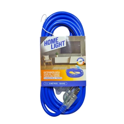 EXTENSION ELECTRICA 5 MT 3 TOMAS AZUL CON CONEXION A TIERRA